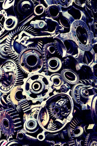 機械零件齒輪、蒸汽朋克齒輪、車輪、汽車零件堆、舊生銹的鐵鏈、彈簧、車輪關閉